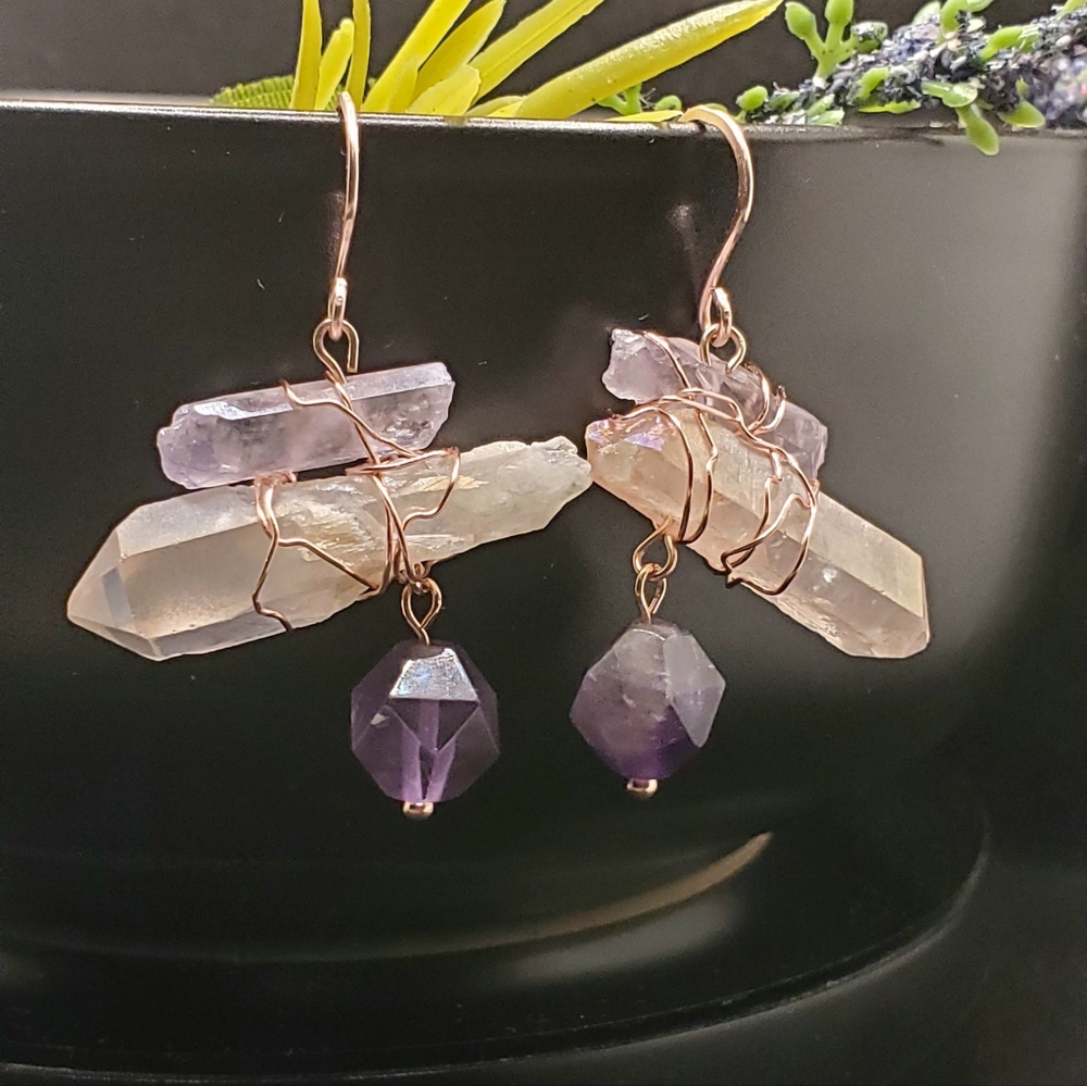 Quartz Crystal Point Earrings,  Rose Gold Wrapped Crystals, Amethyst and Crystal